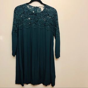 H&M Green Shift Dress 3/4 Sleeve Lace Detail Sz 14